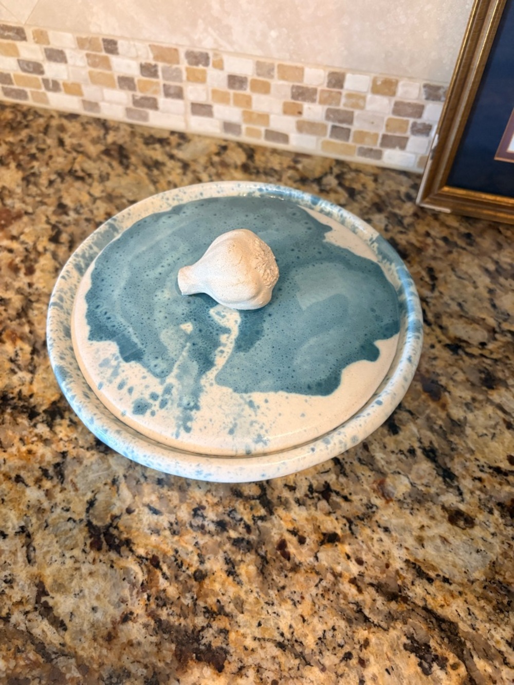 Handcrafted Garlic Keeper, Ceramic Covered Dish in Aqua Blue and Cream